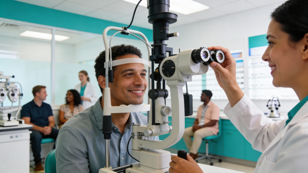Photo of an adult behind a phoropter during an eye exam, highlighting how routine checkups protect long-term vision and health.
