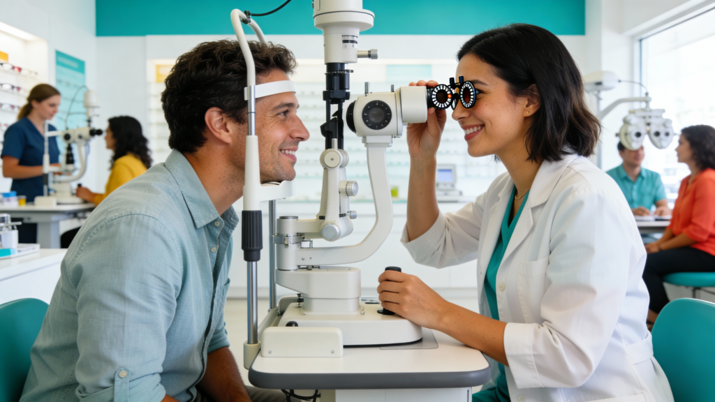 Photo of an adult behind a phoropter during an eye exam