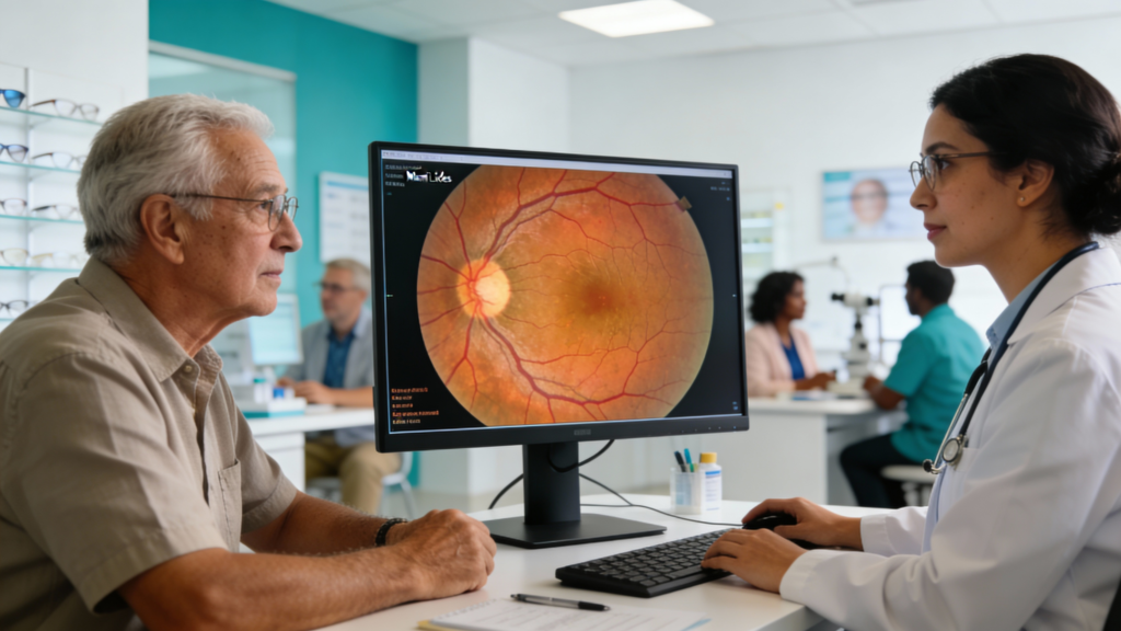 Photo of an optometrist reviewing a detailed retinal scan with a patient