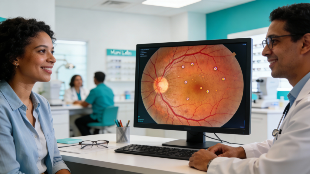 Photo of a patient and optometrist examining a close-up retinal image