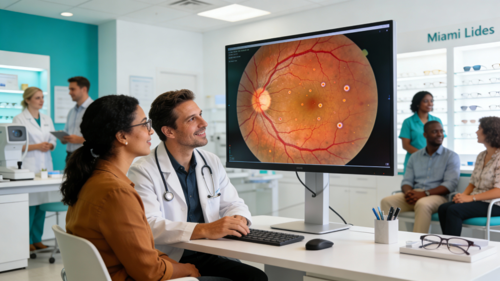Photo of a patient and optometrist examining a close-up retinal image