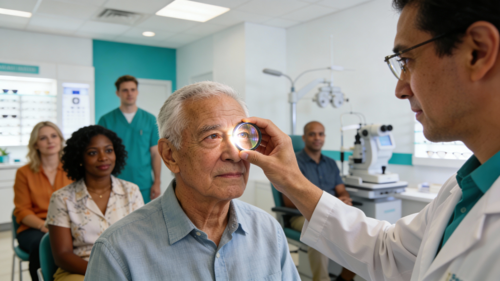 Photo of a senior patient looking through a testing lens with an optometrist