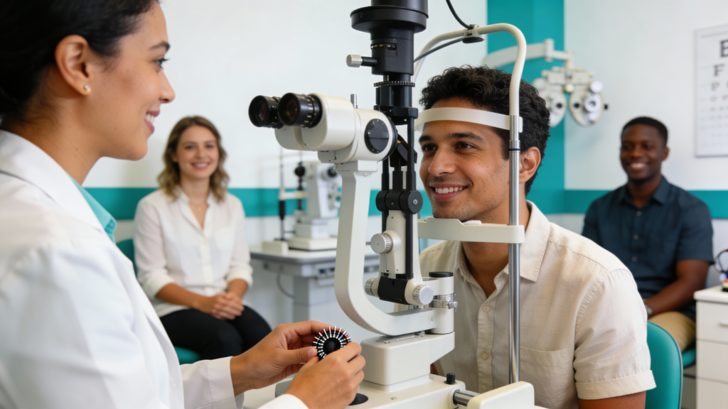 Photo of an adult behind a phoropter during an eye exam