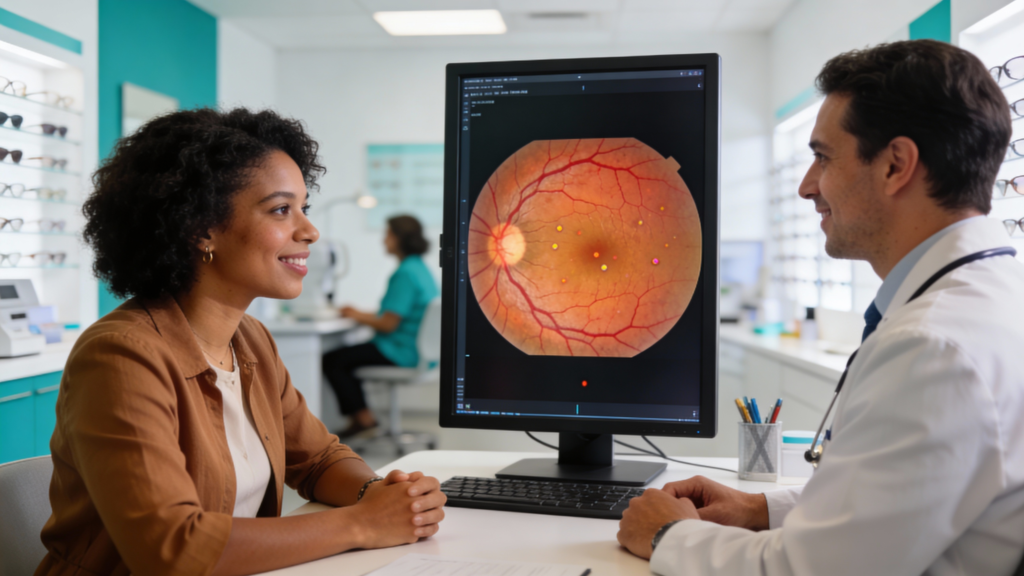 Photo of a patient and optometrist examining a close-up retinal image