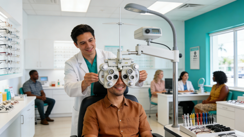 Photo of a patient receiving an eye exam at Infinite Vision Eyecare in Miami Lakes