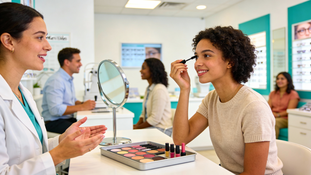 Photo of a patient talking with an optometrist about eye-safe makeup options