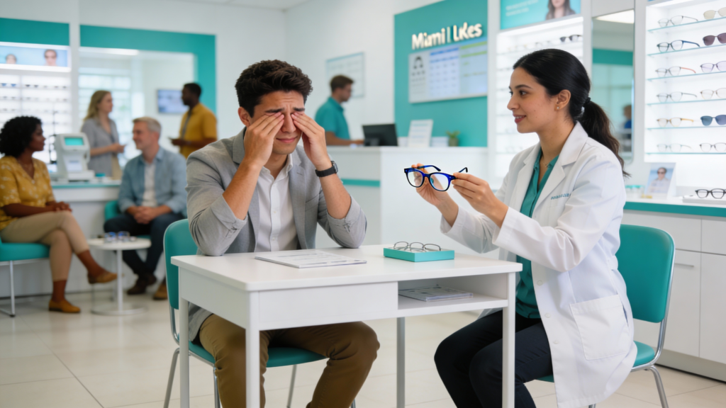 Photo of an optometrist fitting glasses for a patient with tired eyes inside Infinite Vision Eyecare
