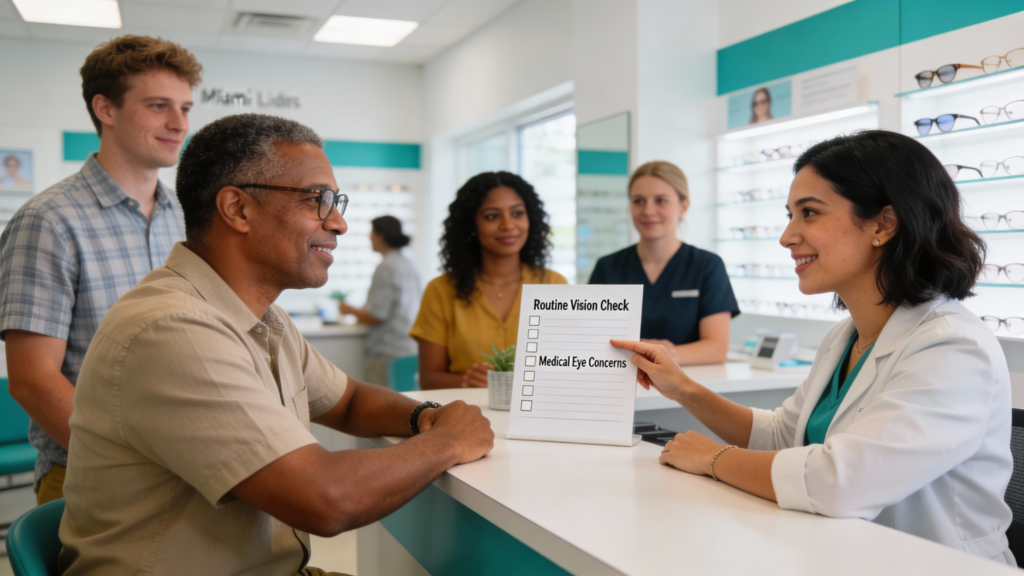 Photo of a receptionist explaining eye exam visit options to a patient