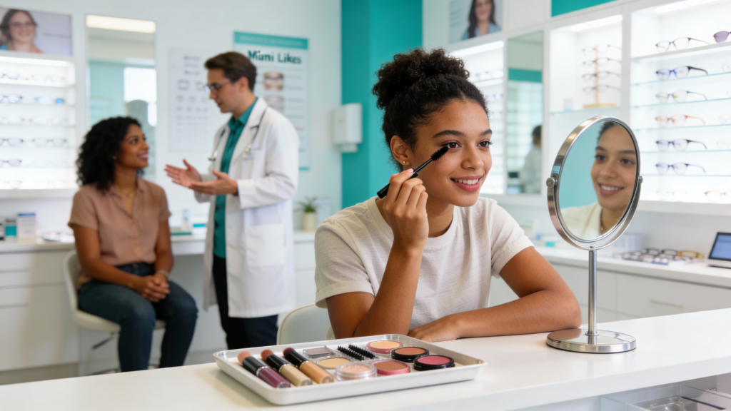 Photo of a patient talking with an optometrist about eye-safe makeup options