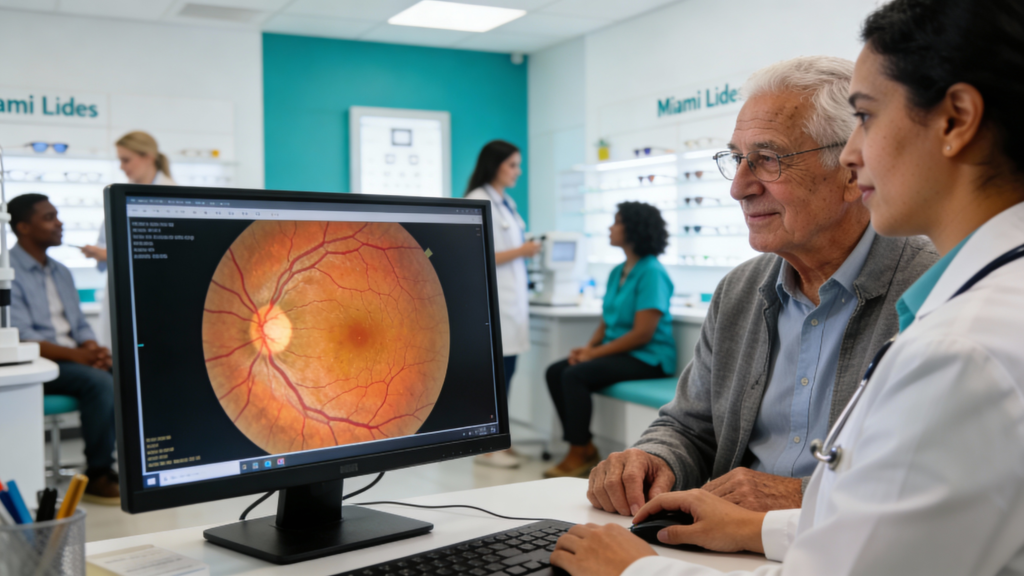 Photo of an optometrist reviewing a detailed retinal scan with a patient