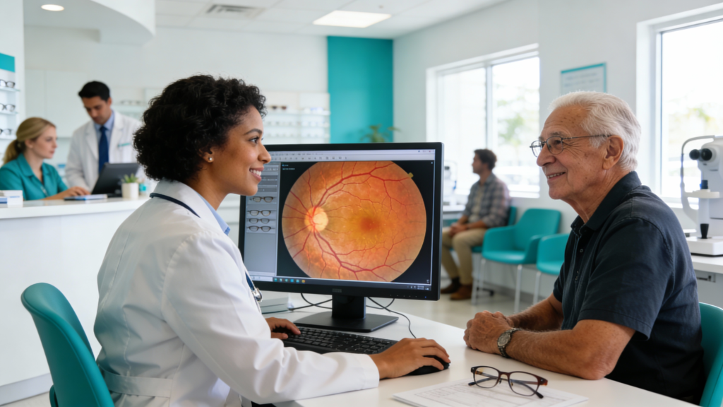 Photo of an optometrist reviewing a detailed retinal scan with a patient