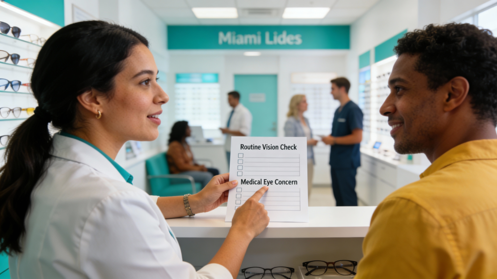 Photo of a receptionist explaining eye exam visit options to a patient