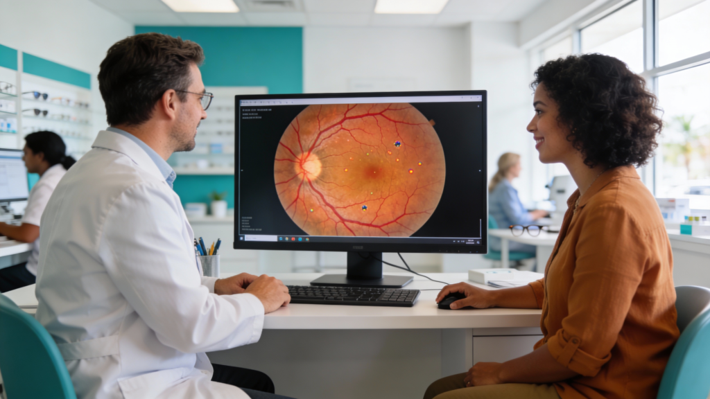 Photo of a patient and optometrist examining a close-up retinal image