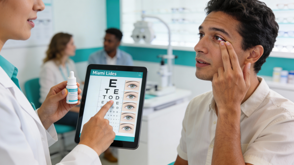 Photo of an adult patient discussing dry eye relief with an eye doctor
