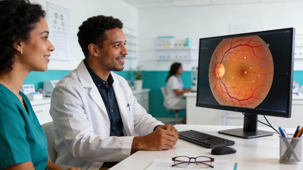 Photo of a patient and optometrist examining a close-up retinal image