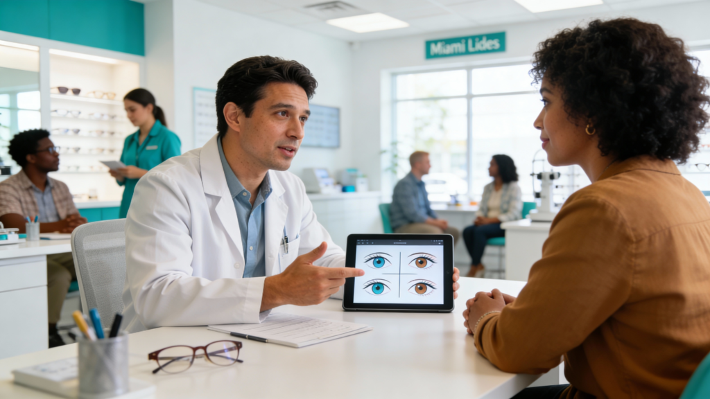 Photo of an adult patient in conversation with an optometrist at a desk