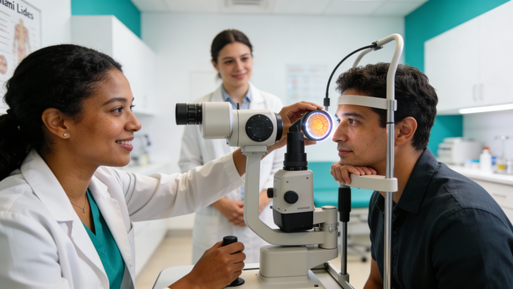 Photo of a patient at a retinal camera during an eye exam