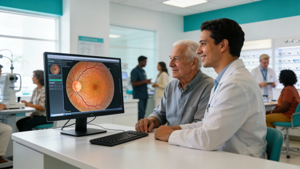 Photo of an optometrist reviewing a detailed retinal scan with a patient
