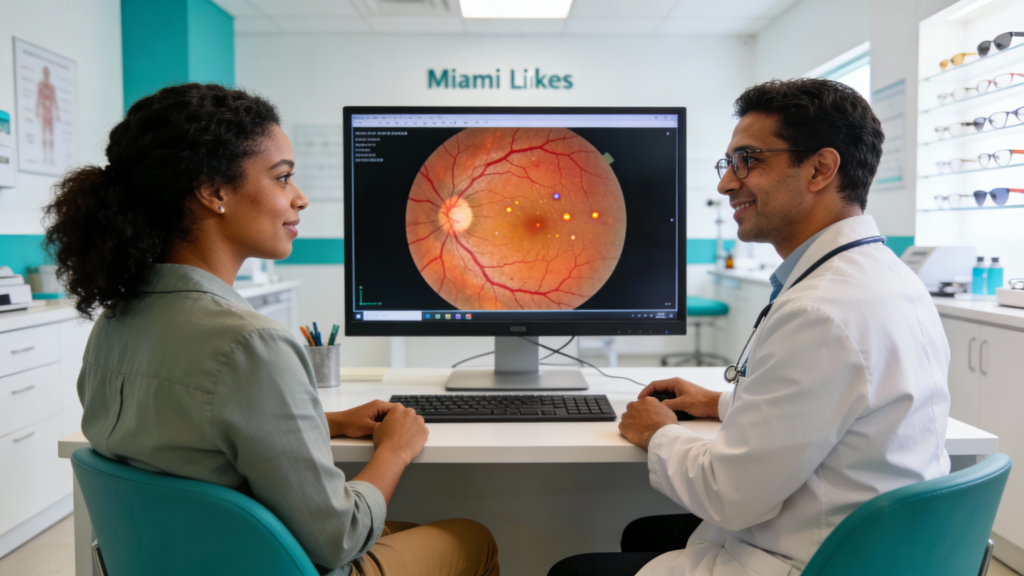 Photo of a patient and optometrist examining a close-up retinal image