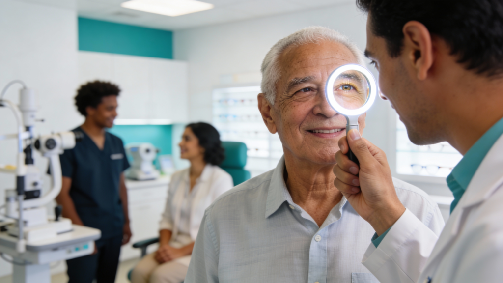 Photo of a senior patient looking through a testing lens with an optometrist