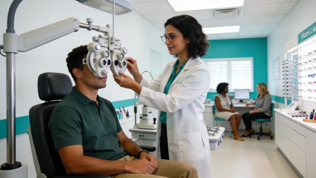 Photo of a patient receiving an eye exam at Infinite Vision Eyecare in Miami Lakes