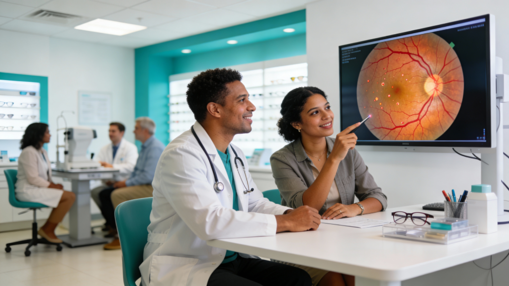 Photo of a patient and optometrist examining a close-up retinal image
