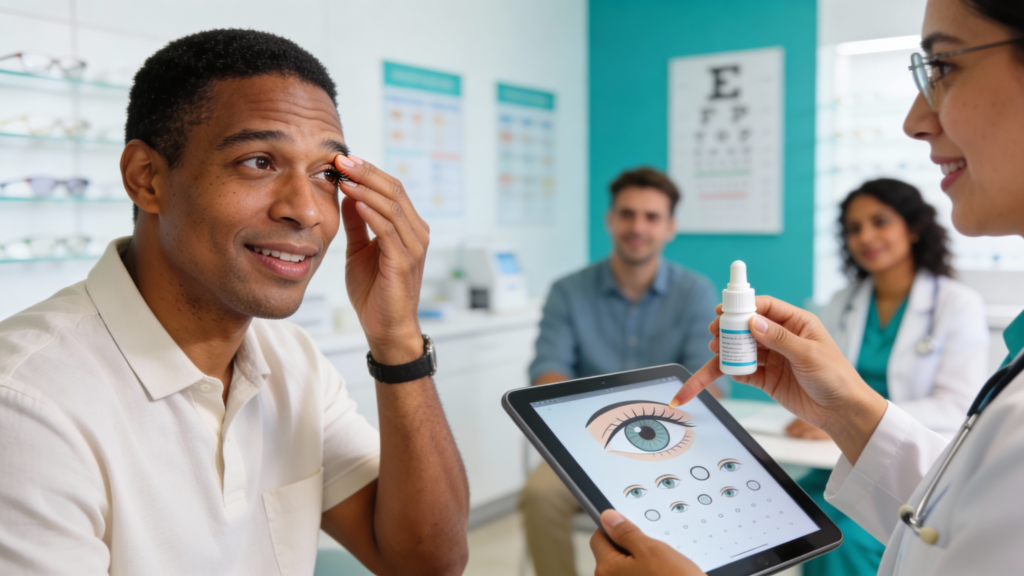 Photo of an adult patient discussing dry eye relief with an eye doctor