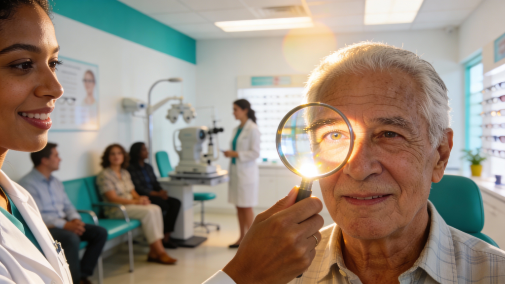 Photo of a senior patient looking through a testing lens with an optometrist