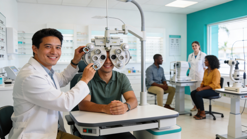 Photo of an adult behind a phoropter during an eye exam