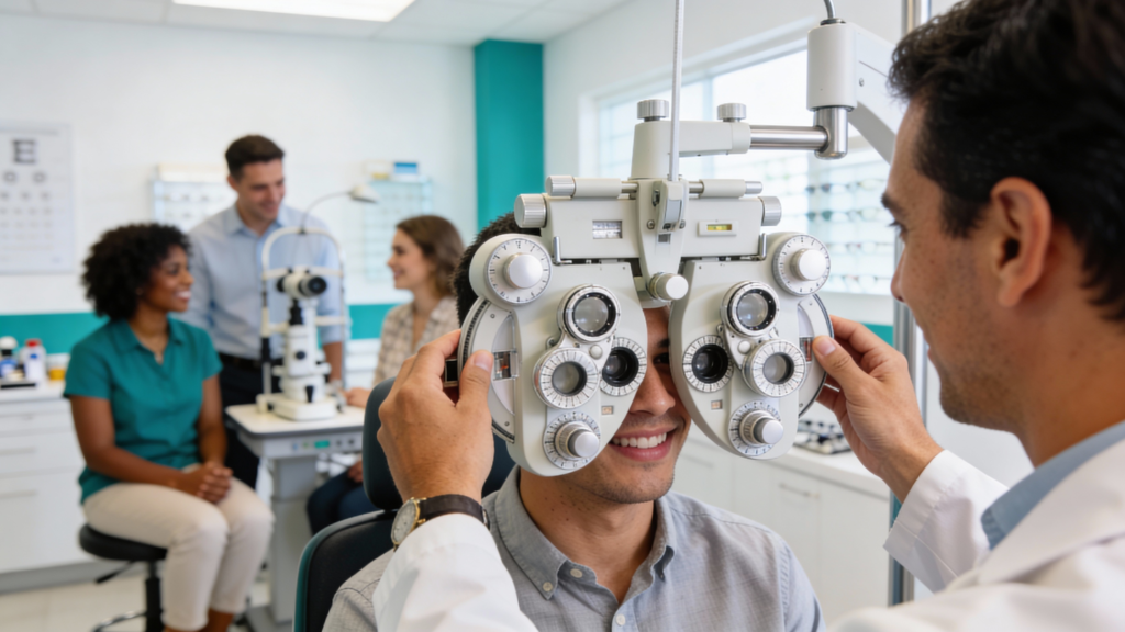 Photo of an adult behind a phoropter during an eye exam