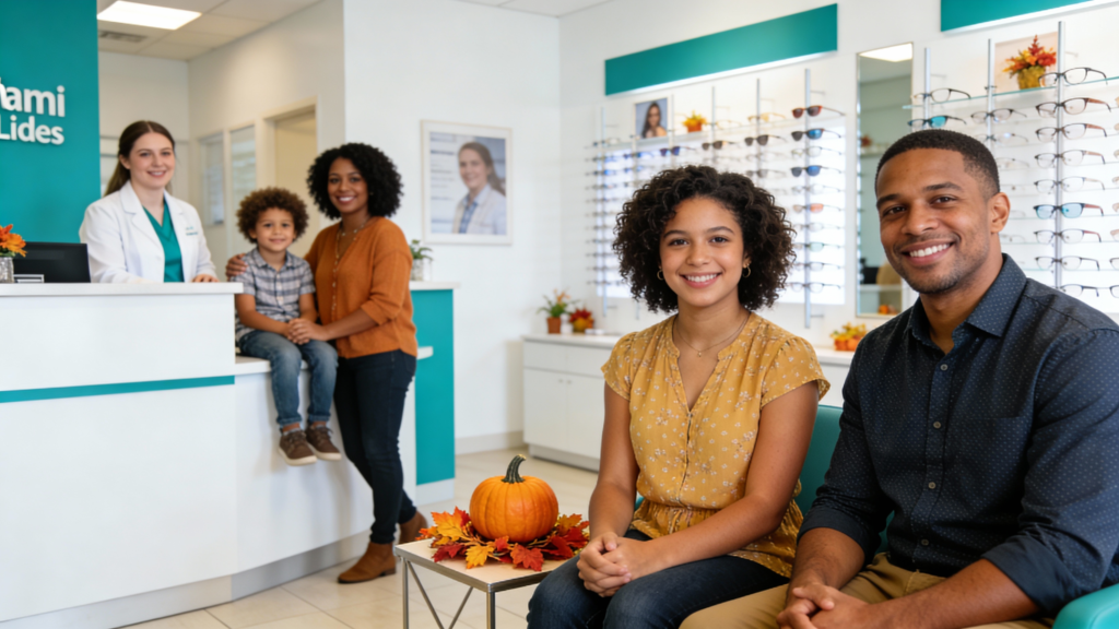 Photo of families in a warmly decorated eye clinic during the holidays