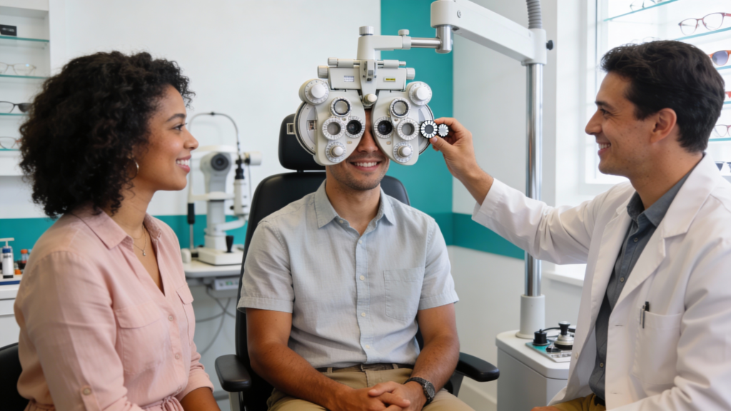 Photo of an adult behind a phoropter during an eye exam