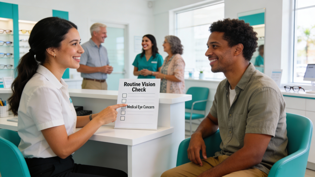 Photo of a receptionist explaining eye exam visit options to a patient