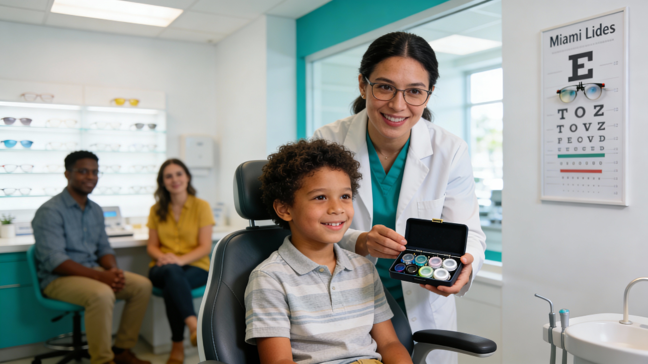 Photo of a child and optometrist reviewing special nighttime lenses used to manage myopia at Infinite Vision Eyecare.