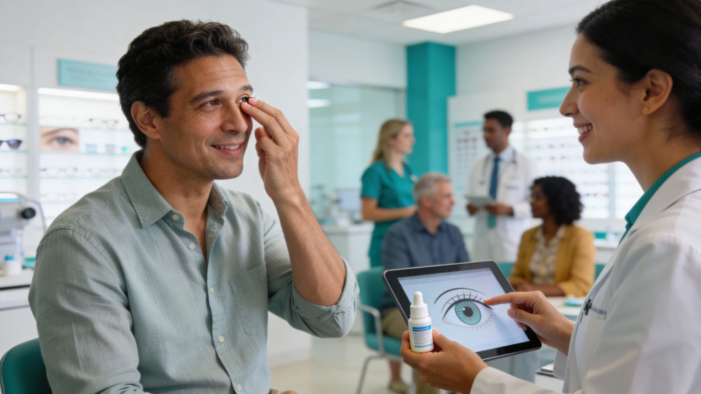 Photo of an adult patient discussing dry eye relief with an eye doctor
