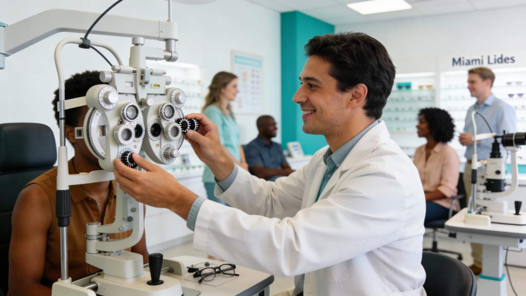 Photo of an adult behind a phoropter during an eye exam