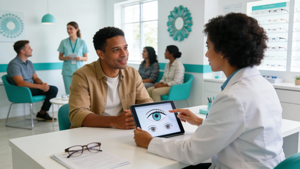 Photo of an adult patient in conversation with an optometrist at a desk