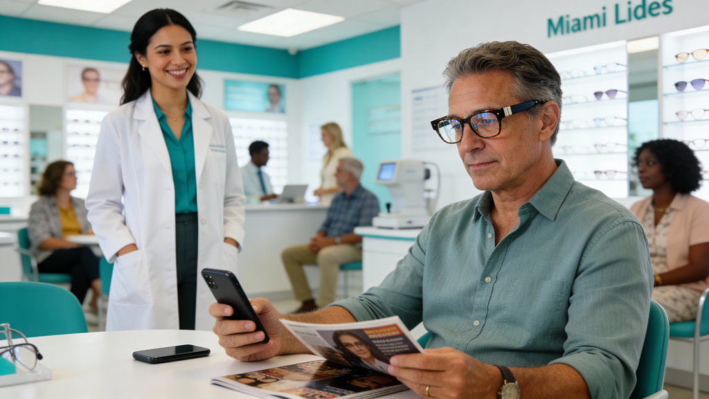 Photo of an adult wearing progressive lenses comfortably viewing near and far objects