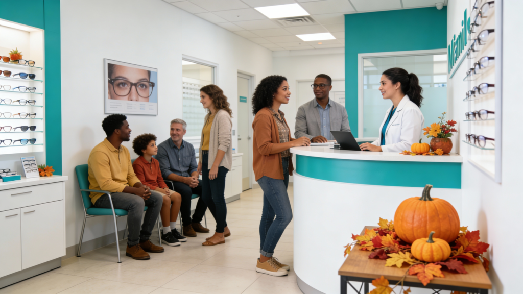 Photo of families in a warmly decorated eye clinic during the holidays