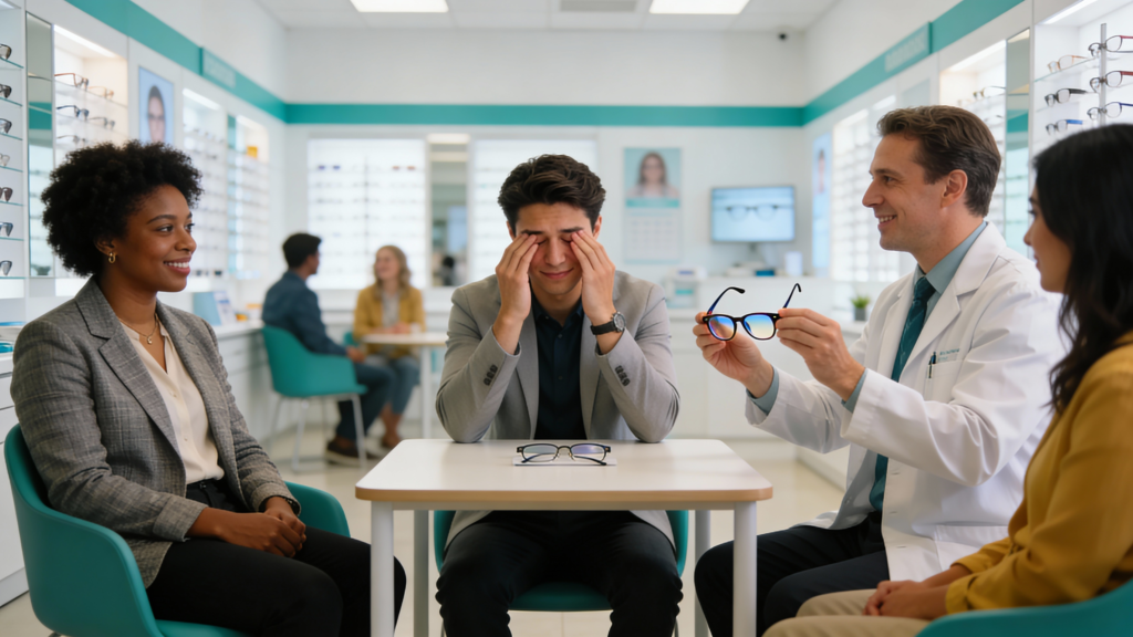Photo of an optometrist fitting glasses for a patient with tired eyes inside Infinite Vision Eyecare