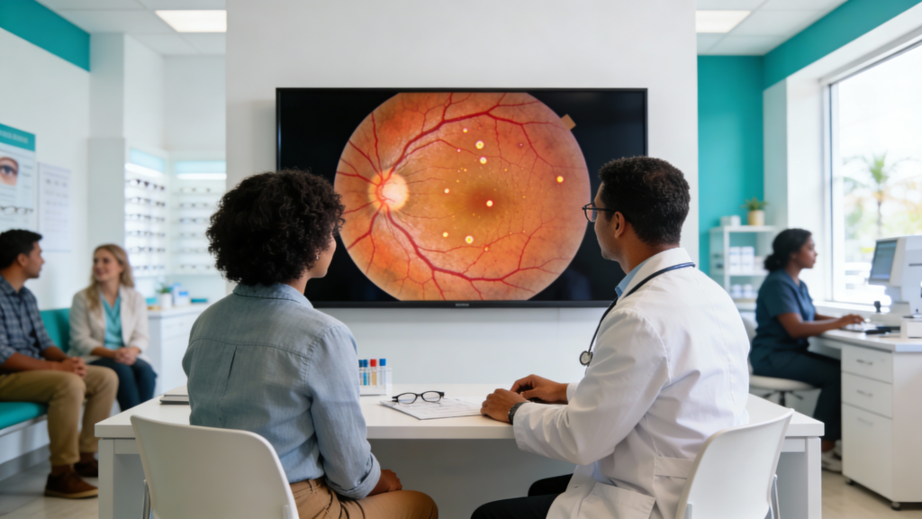 Photo of a patient and optometrist examining a close-up retinal image