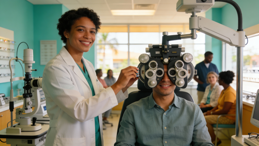 Photo of an adult behind a phoropter during an eye exam