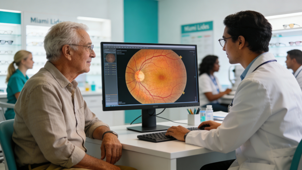 Photo of an optometrist reviewing a detailed retinal scan with a patient
