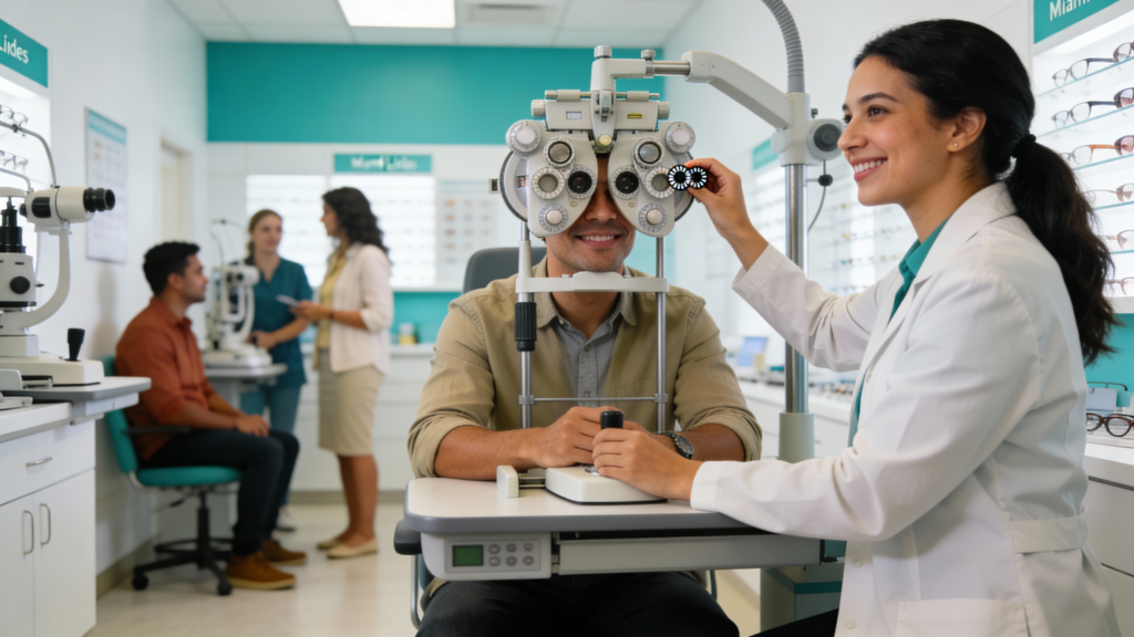 Photo of an adult behind a phoropter during an eye exam