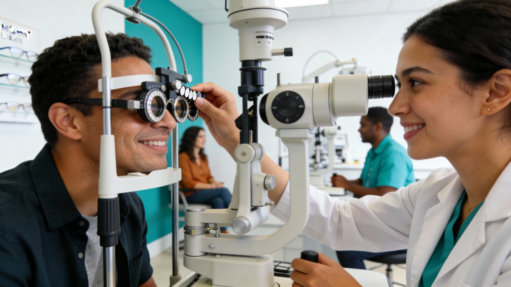 Photo of an adult behind a phoropter during an eye exam