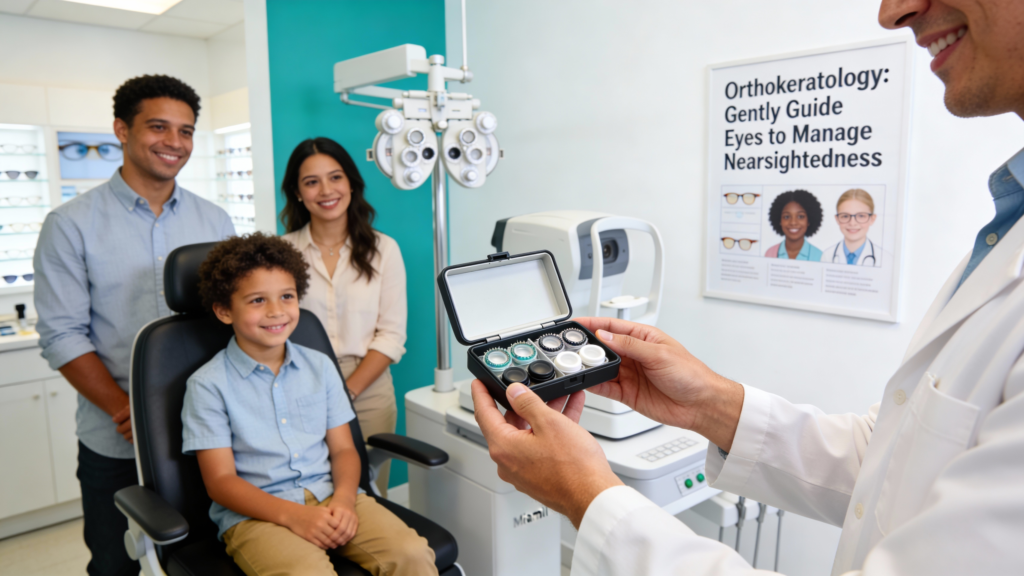 Photo of a child and optometrist reviewing special nighttime lenses used to manage myopia at Infinite Vision Eyecare.
