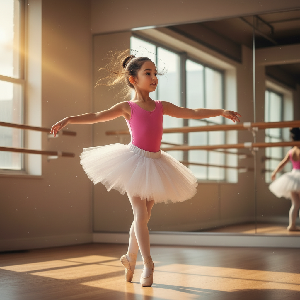 Same ballet dancer mid-graceful pirouette — no glasses, perfect form, hair flowing, peaceful focused expression with Ortho-K