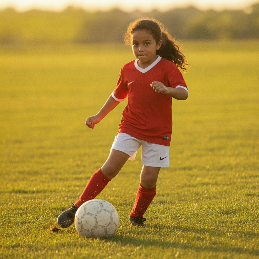 Same girl playing soccer at sunset — now without glasses, sharp clear eyes, confidently kicking the ball thanks to Ortho-K