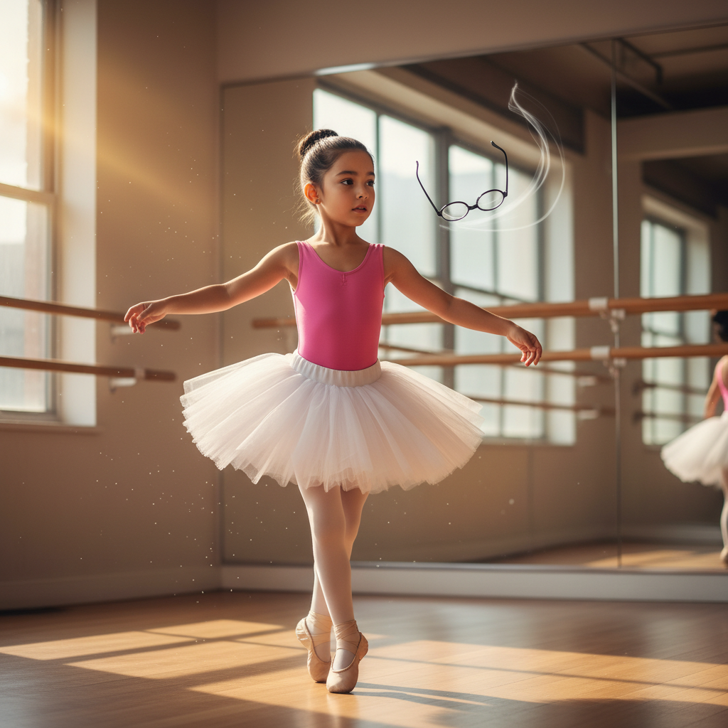 Young ballet dancer mid-pirouette — glasses flying off her face during the spin