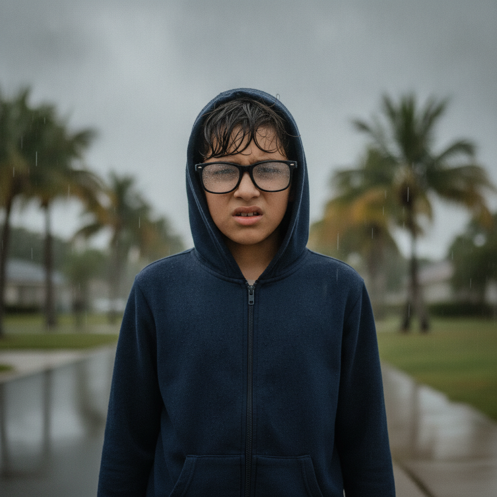 Young boy outside in light Florida rain — his glasses fogged and covered in water droplets, squinting to see